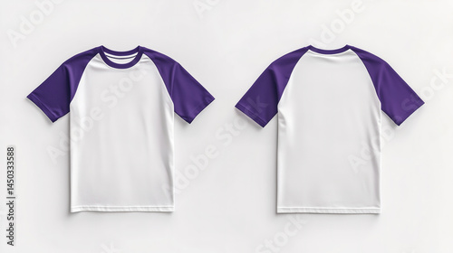 A white and purple short-sleeve raglan t-shirt is displayed from the front and back, and a flat lay concept is used as a mockup design template