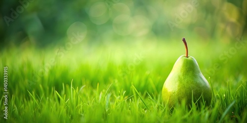 A single green pear sitting on a lush green grassy field, foliage, green fruit,  foliage,green fruit