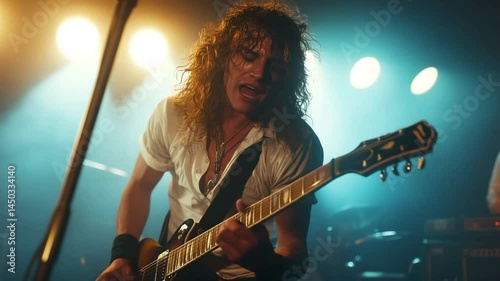 Retro music concept 1980s rock band performing live on stage, Man with long wild hair playing guitar