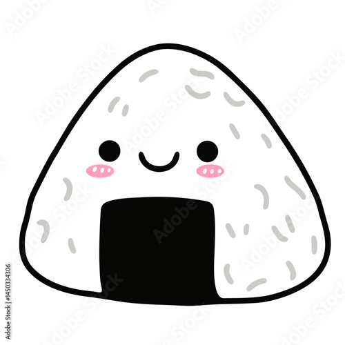 A playful and cute illustration of a kawaii onigiri rice ball with a happy expression, with a simple yet charming black and white design, minimalist style.
