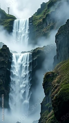 Waterfall Cascading Down Jagged Cliffs Into Deep Misty Basin