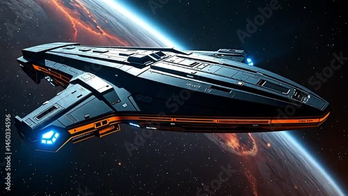 Futuristic spaceship floats above a vibrant planet, surrounded by the mysterious void of deep space