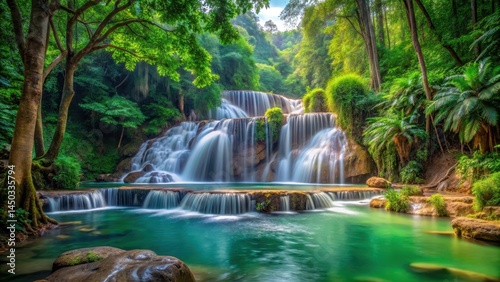 Lush greenery and vibrant plant life thrive around a picturesque cascading waterfall, set amidst the lush canopies of tropical trees in Pak Khlong, foliage, Pak Khlong