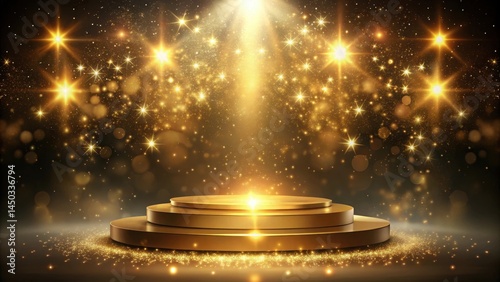 Glittering golden podium set against a dark background with glowing stars and light smoke effects , glow, ambient,  glow, ambient