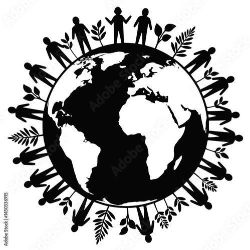Earth Unity and Peace Silhouette with People Holding Hands Around the Globe