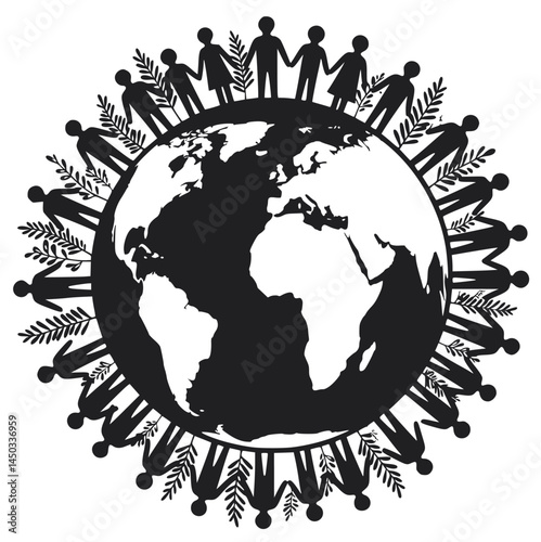 Earth Unity and Peace Silhouette with People Holding Hands Around the Globe