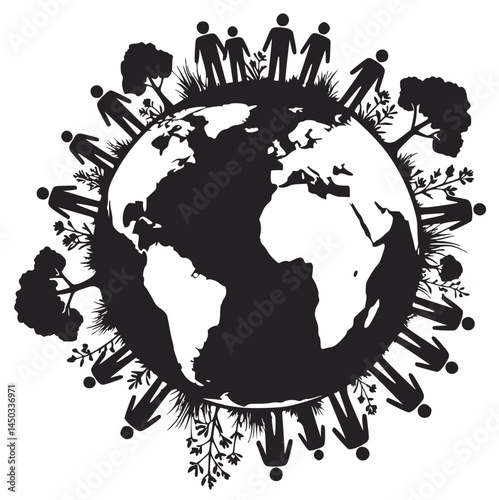 Earth Unity and Peace Silhouette with People Holding Hands Around the Globe