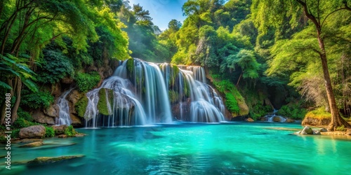 Waterfall cascading turquoise colored water amidst lush green forest foliage and trees with vibrant floral life, scenery