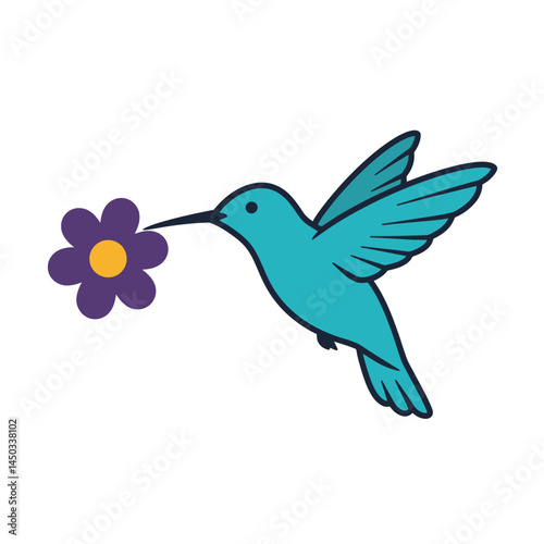 2D flat vector illustration A hummingbird hovering near a flower icon isolated on a white background