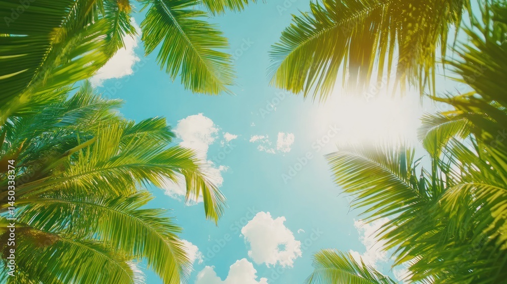 Fototapeta premium Sunny tropical palm tree leaves against a blue sky.