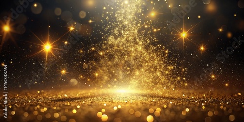 Sparkling golden dust falling from the sky in slow motion on a dark and mysterious background