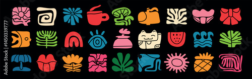 Various Doodle icons. Playful hand drawn doodle set with retro groovy summer elements in Matisse-inspired style. Includes floral motifs, leaf shapes, fish, fruits, rainbow, sea, and sun. Vector 