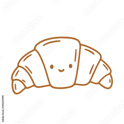 Illustration of a cute croissant with a smiling face and brown outline on a white background image here