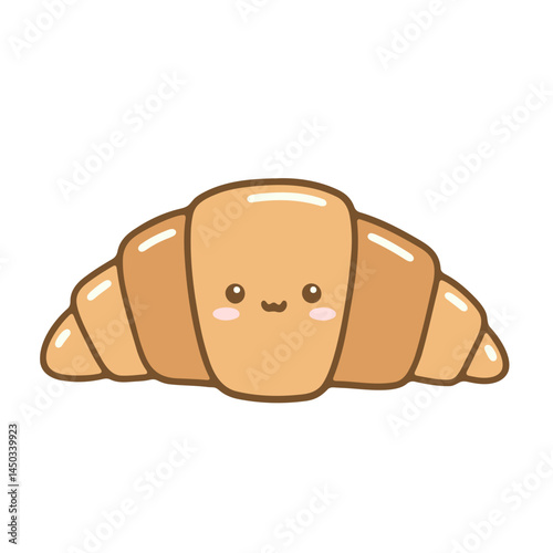 Illustration of a cute and kawaii croissant with a small smiling face and rosy cheeks isolated on white