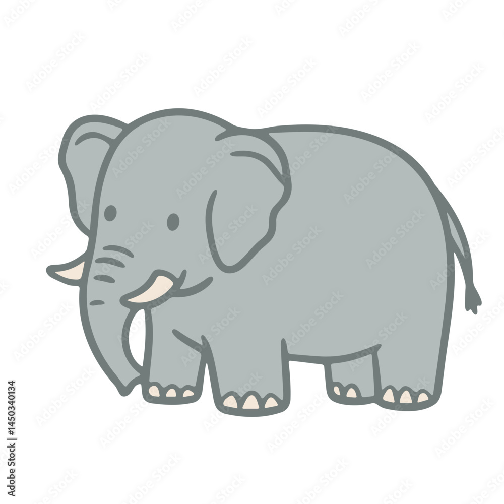 Naklejka premium A gray elephant with white tusks and big ears, standing on a white background, cartoon style, cute, simple, clean lines, vector graphics