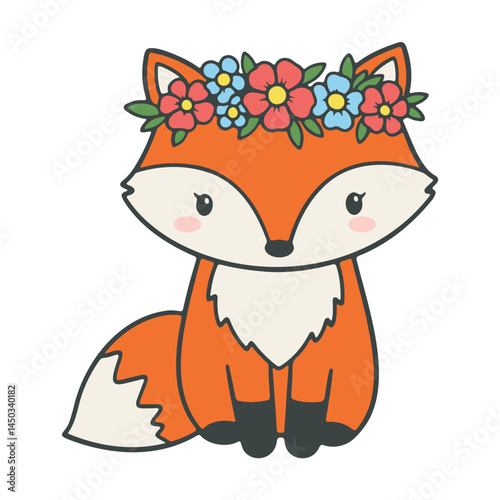 A cute orange fox with a flower crown on its head, sitting down with its tail curled around its feet, white background