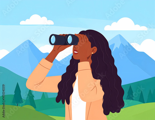 Woman With Binoculars Viewing Scenic Mountains