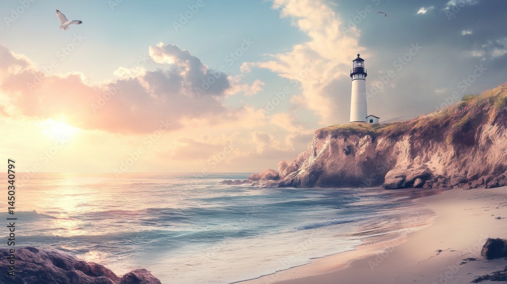 Fototapeta premium Coastal lighthouse scene at sunrise.
