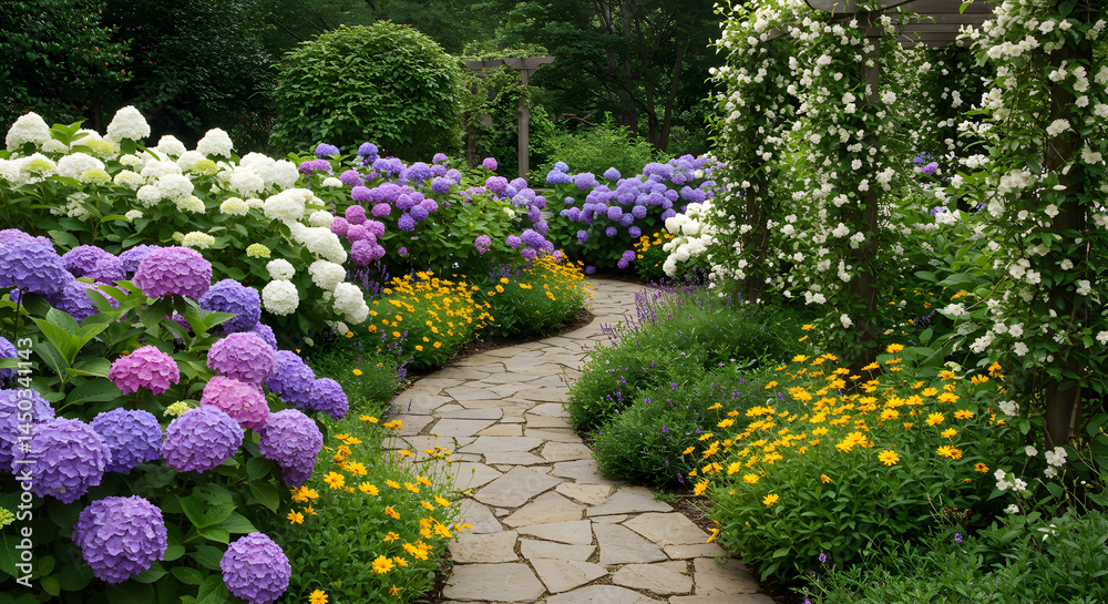 Obraz premium Pathway Through Lush Garden With Hydrangeas And Climbing White Roses