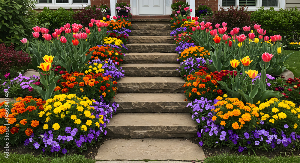 Naklejka premium Stairway To Serenity Colorful Floral Display Leading To Home Entrance