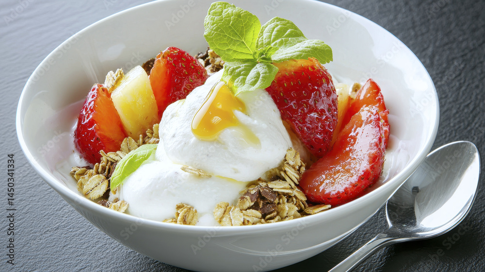 Creamy yogurt topped with fresh strawberries, granola, and drizzle of honey creates delicious and healthy breakfast option Creamy yogurt topped with fresh strawberries, granola, and drizzle of honey creates delicious and healthy breakfast option