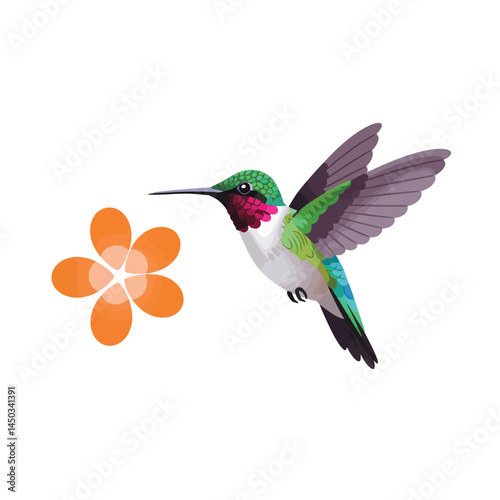 2D flat vector illustration A hummingbird hovering near a flower icon isolated on a white background