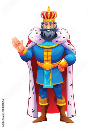 King in royal attire with a crown, waving hand in a royal gesture. Vector cartoon character illustration