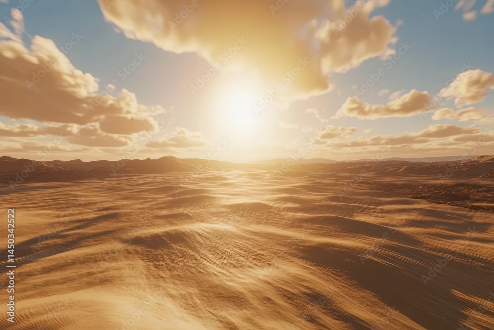 Fototapeta premium A vast desert landscape with rolling sand dunes under a brilliant sunset