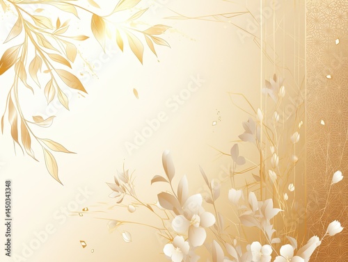 Elegant decorative background featuring delicate gold leaves, branches, and abstract floral elements with soft light effects on a warm beige backdrop. 