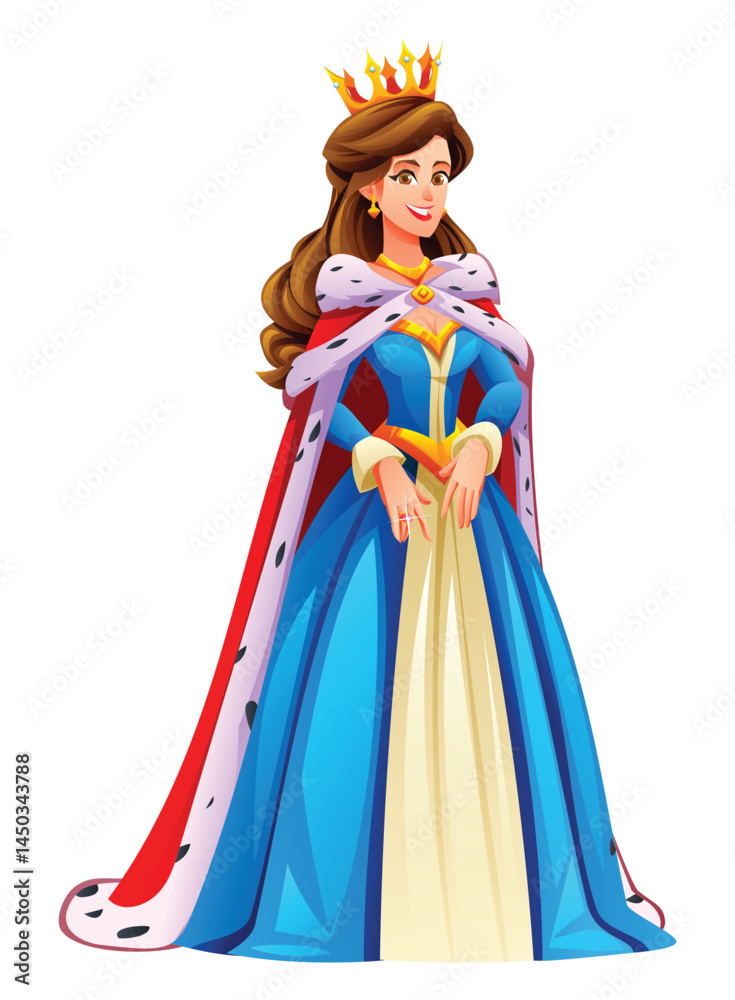 Fototapeta premium Royal queen character, dressed in a blue gown with a crown and a red cape. Vector cartoon illustration