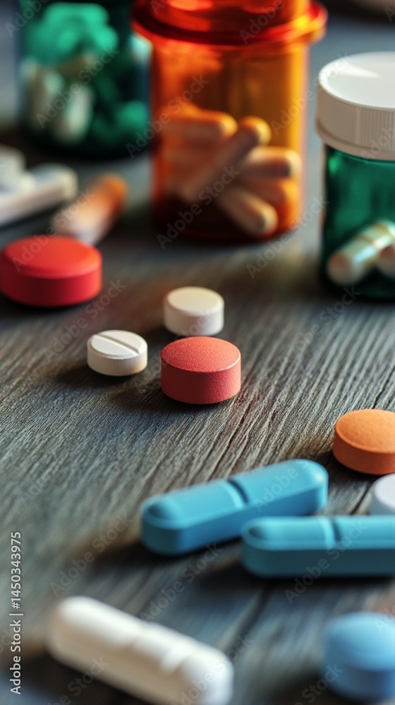 Colorful medication capsules and pills scattered on a wooden surface, surrounded by pharmaceutical bottles, creating a vibrant and dynamic composition suitable for health and wellness topics.