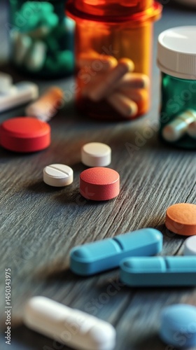 Obraz na płótnie Colorful medication capsules and pills scattered on a wooden surface, surrounded by pharmaceutical bottles, creating a vibrant and dynamic composition suitable for health and wellness topics. w salonie