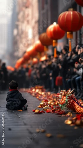 Wallpaper Mural A young child sits on a street during a vibrant Chinese New Year celebration, lanterns and a dragon dance in the background. Torontodigital.ca
