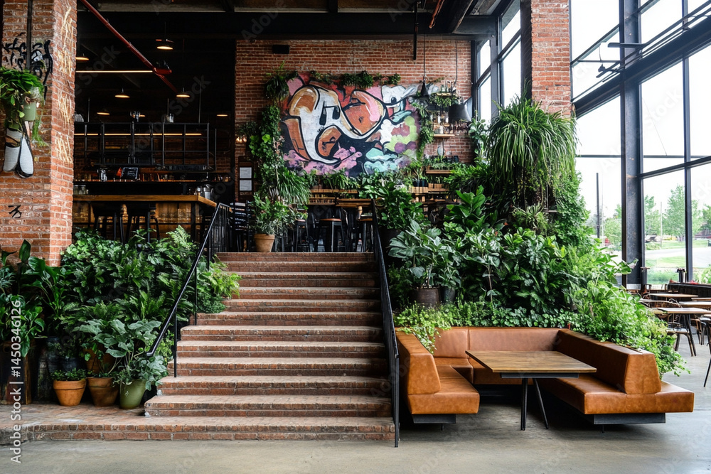 Obraz premium Urban caf staircase with greenery and trendy decor showcasing a vibrant atmosphere and artistic style in a bustling city setting