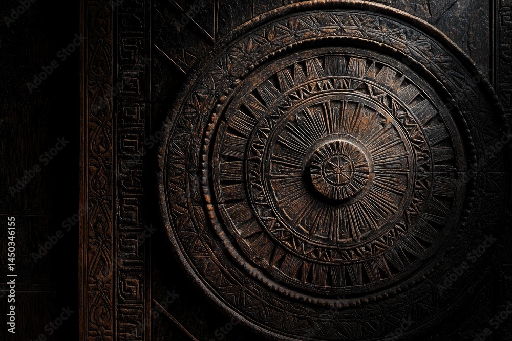 Naklejka premium Intricate, dark wood circular design with carved patterns. Detailed carvings, geometric shapes, and circular motifs create a visually rich panel