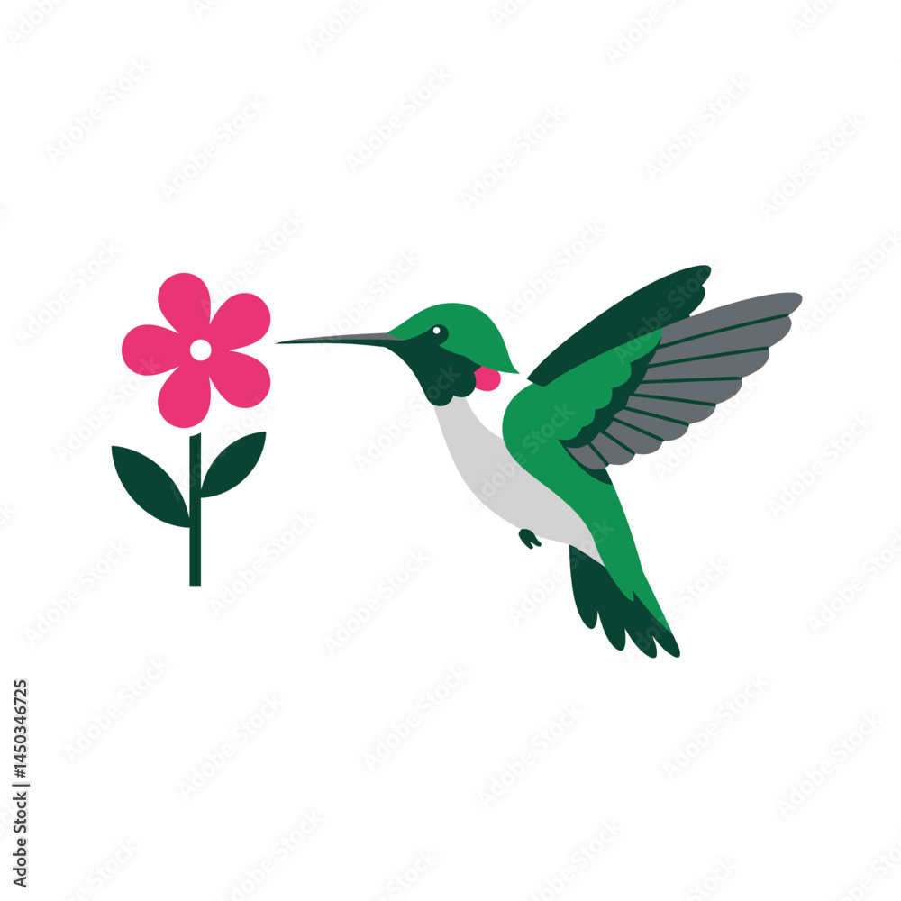 Obraz premium 2D flat vector illustration A hummingbird hovering near a flower icon isolated on a white background