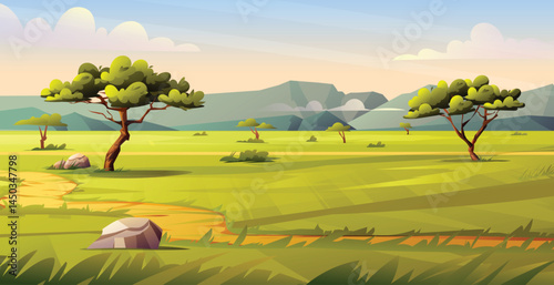 Savanna landscape with trees, winding path through the grass, and a bright sky, showcasing a wide open field. Vector cartoon illustration