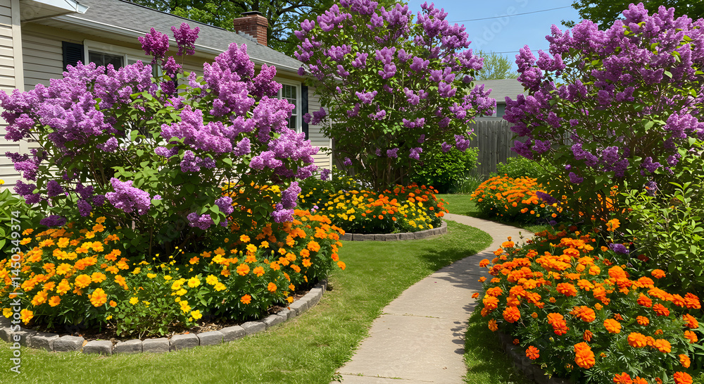 Obraz premium Idyllic Springtime Garden Scene With Lilacs and Marigolds Blooming Profusely