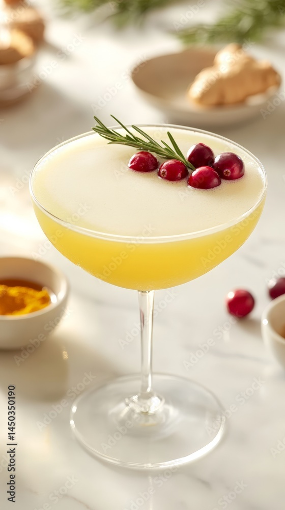 Refreshing citrus cocktail with cranberries and rosemary garnish on marble table Refreshing citrus cocktail with cranberries and rosemary garnish on marble table