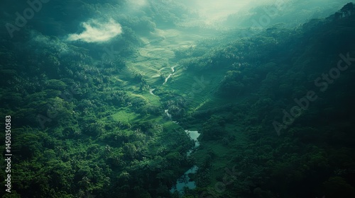 Wallpaper Mural Misty valley landscape with winding river and lush greenery. Torontodigital.ca