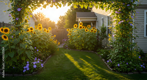 Sunflower Garden Pathway With Morning Glories at Golden Hour Light