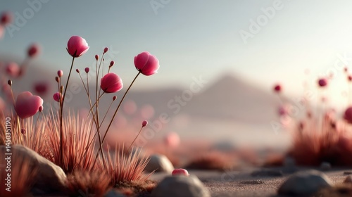 Pink Flowers in a Misty Landscape: Digital Art Background