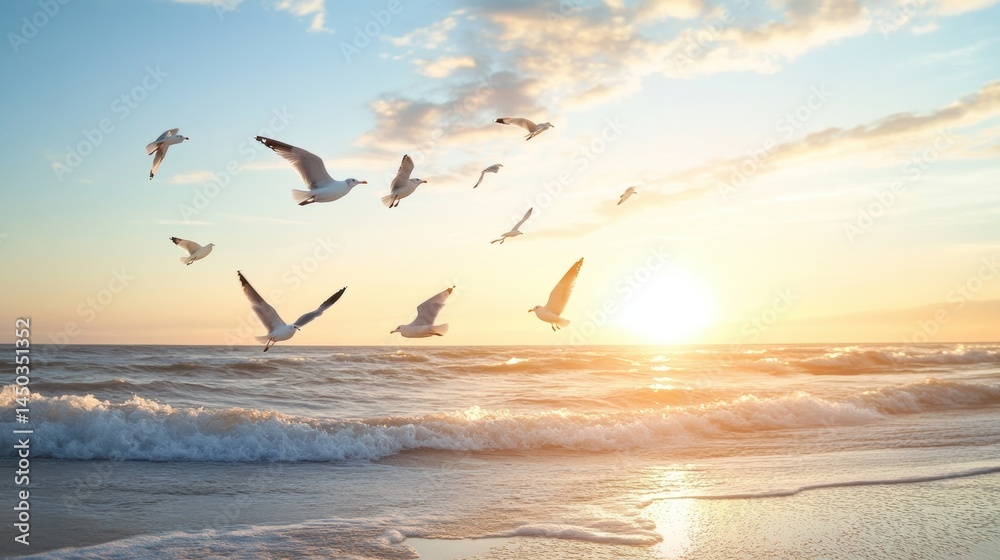 Fototapeta premium A peaceful sunset scene over a beach with seagulls.