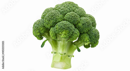 A head of broccoli on a transparent white background. The broccoli has a thick, pale green stalk that gently curves toward the lower left corner of the image. Vector Illustration