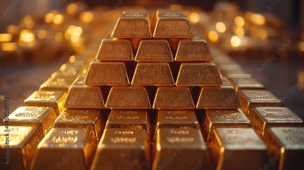 Stacked gold bars arranged in a pyramid shape shiny and valuable. Stacked gold bars arranged in a pyramid shape shiny and valuable.