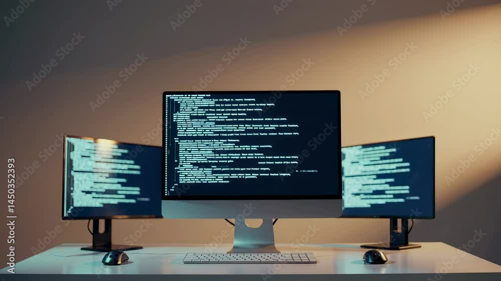 Lines of computer code scroll down multiple monitors on a desk ...
