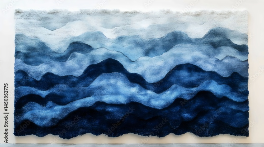 An art piece featuring a gradient of blue waves, offering a serene and abstract landscape. An art piece featuring a gradient of blue waves, offering a serene and abstract landscape.