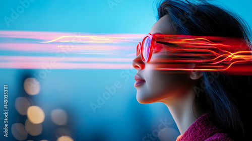 A Glimpse into Tomorrow: Woman with Advanced Vision Technology, Red Lines and futuristic vibe, for social media
