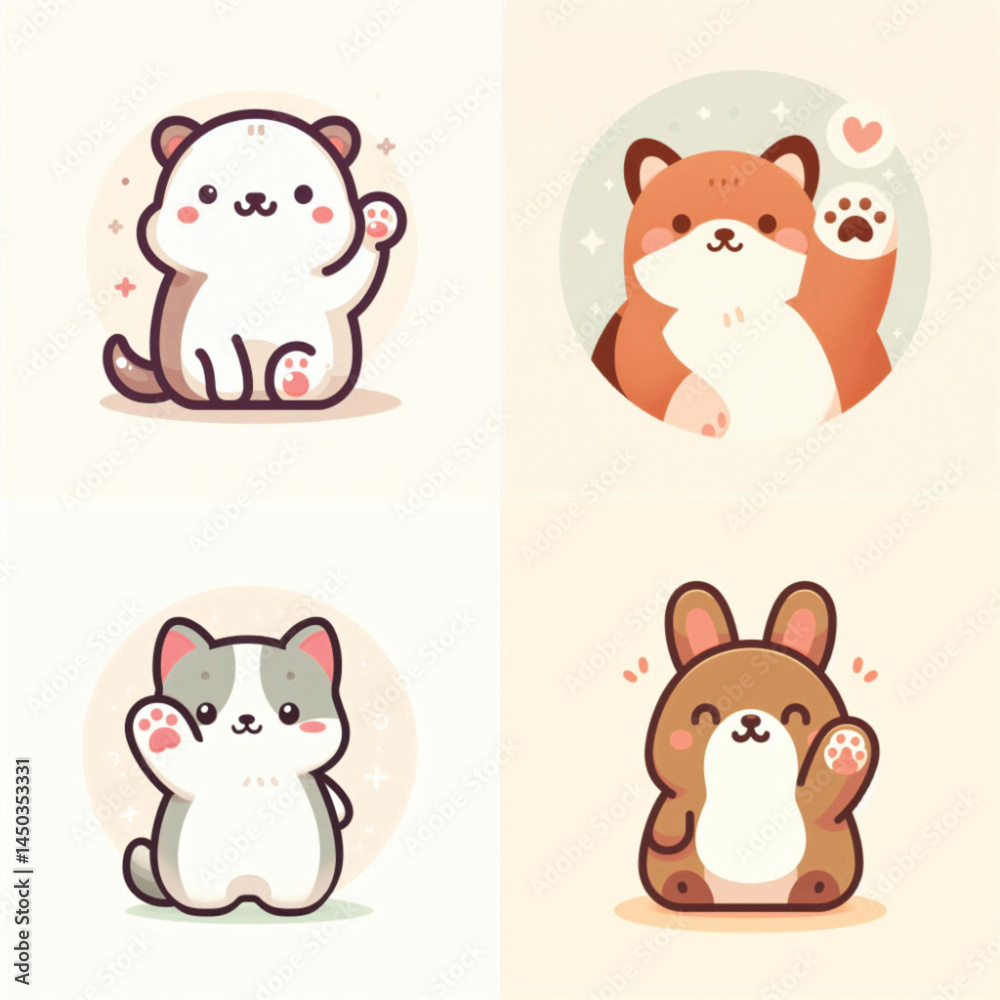 Cute cartoon animals waving in playful poses on soft background  