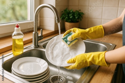 Washing dishes with yellow gloves.